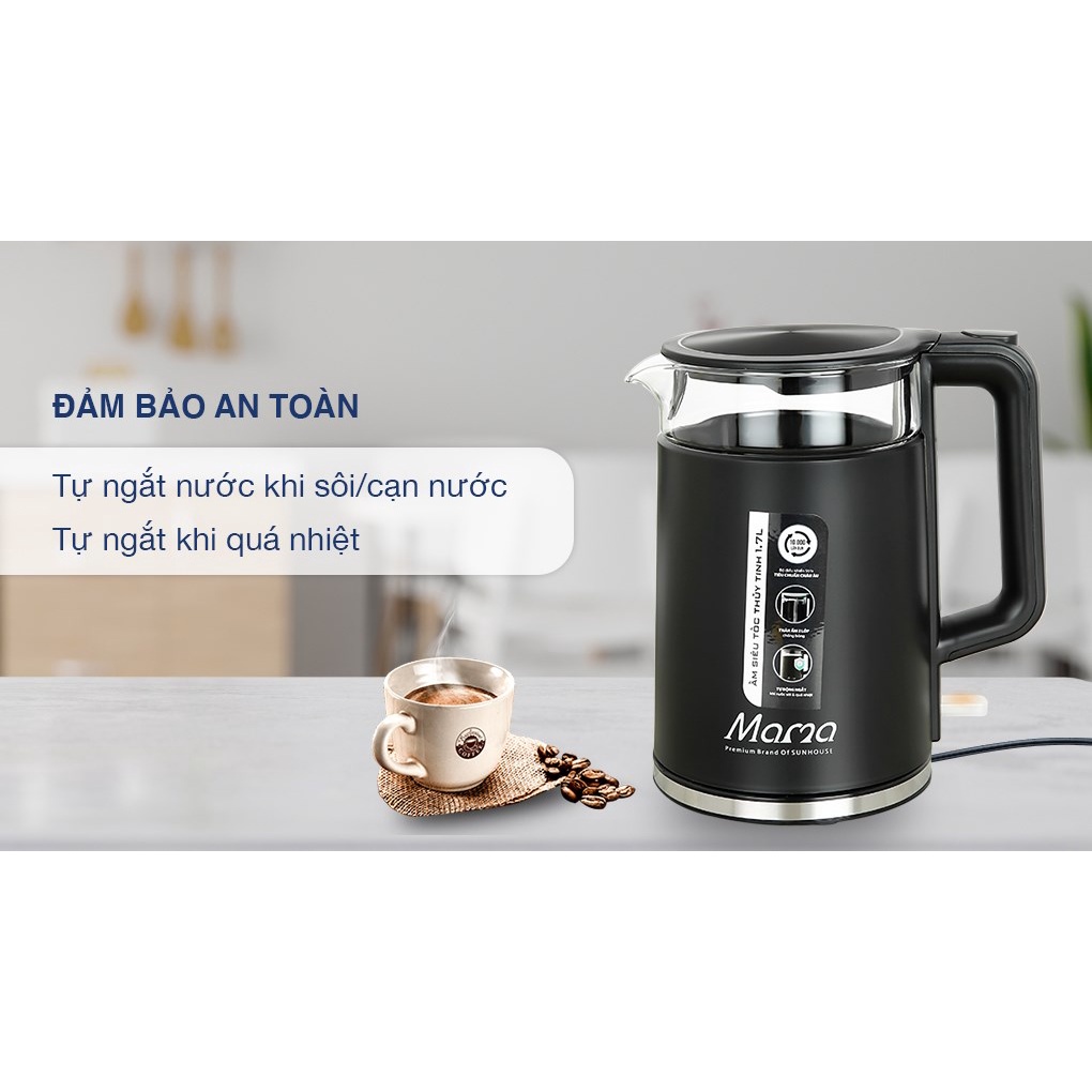 ẤM SIÊU TỐC. BÌNH SIÊU TỐC THỦY TINH CAO CẤP 1.7L SUNHOUSE MAMA SHD1330, SIÊU ĐẸP, BẢO HÀNH 24 THÁNG TOÀN QUỐC