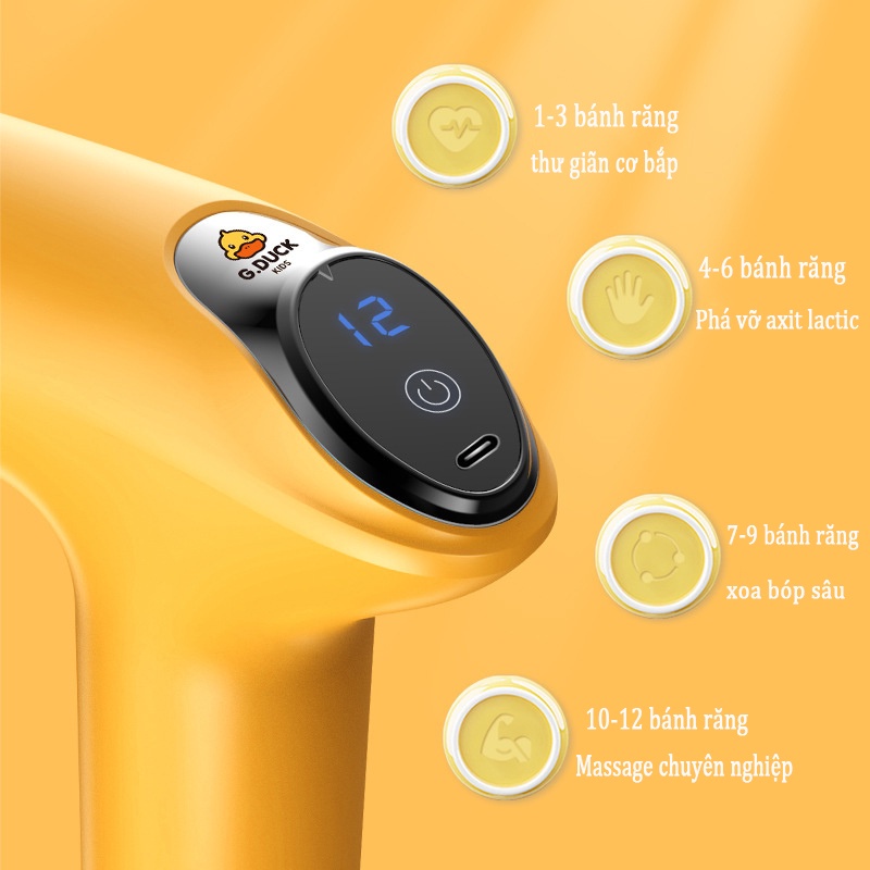 Súng massage G.DUCK, Súng Fascia mini, 4 đầu 12 chế độ rung, Máy mát xa cầm tay cao cấp - Giảm căng cơ và giảm mỏi vai