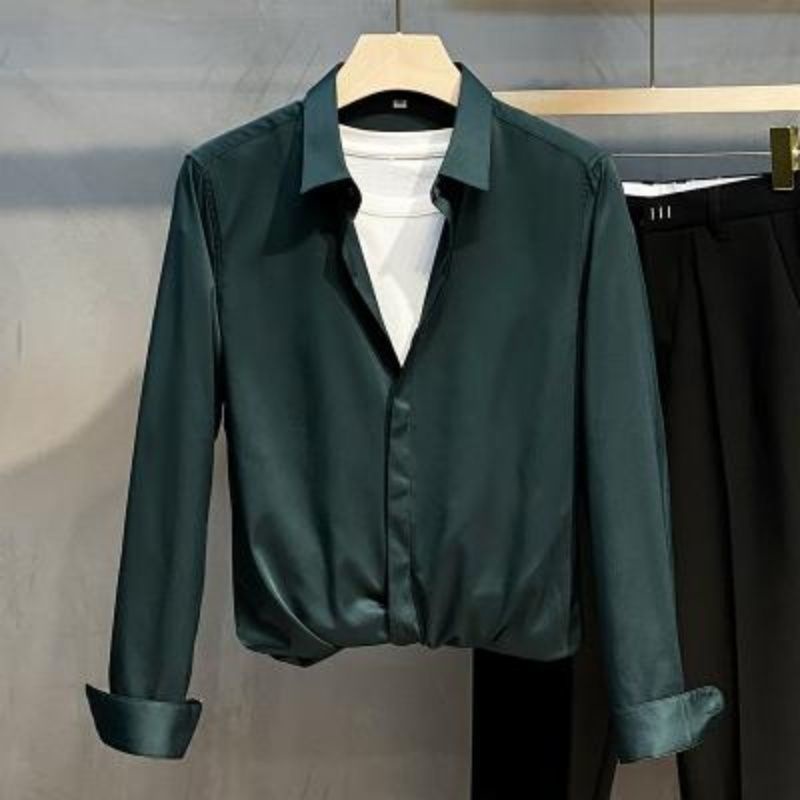 Baju kameja lelaki Lenan Panjang Áo Sơ Mi Nam Dài Tay Màu Xanh Lá Đậm Phong Cách Doanh Nhân Sang Trọng