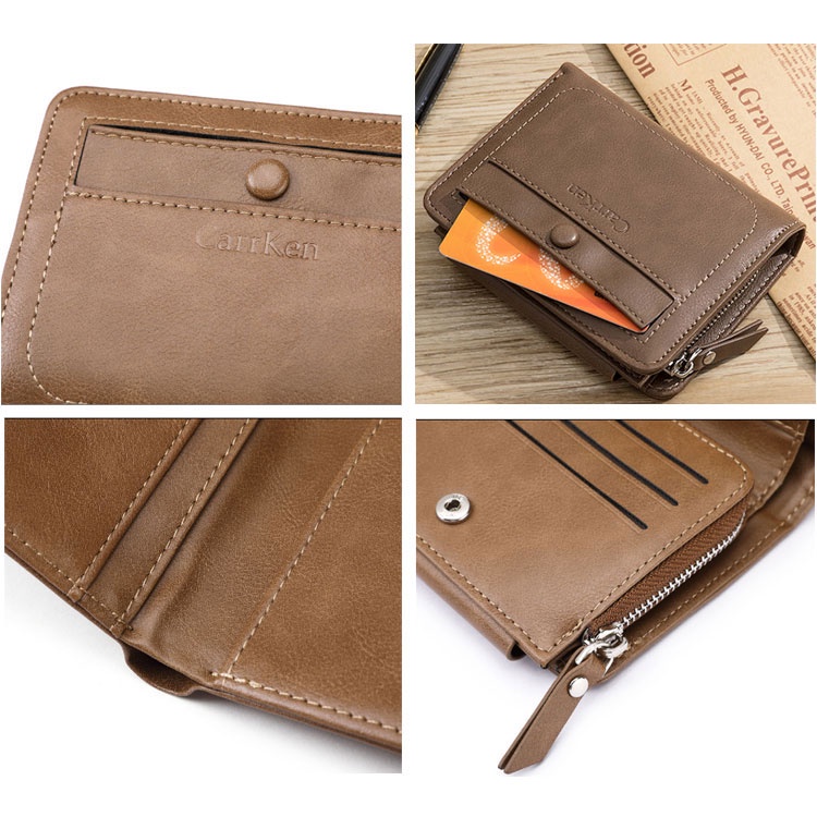 Ví Da PU Ngắn Gập Làm Ba Đựng Nhiều Thẻ Có Khóa Kéo Đa Năng Phong Cách Retro Cho Nam