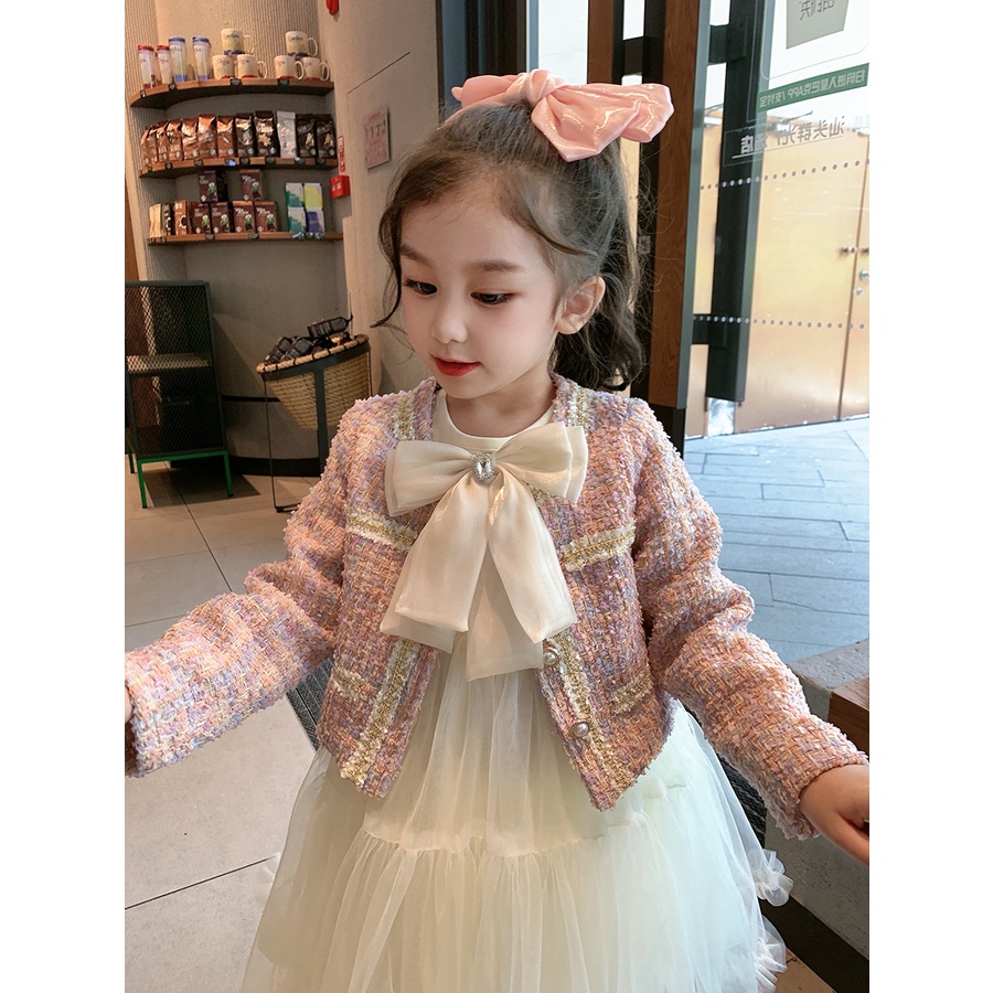 Set váy ren nơ kèm áo khoác dạ Tweed cho bé gái hàng QUảng Châu loại 1