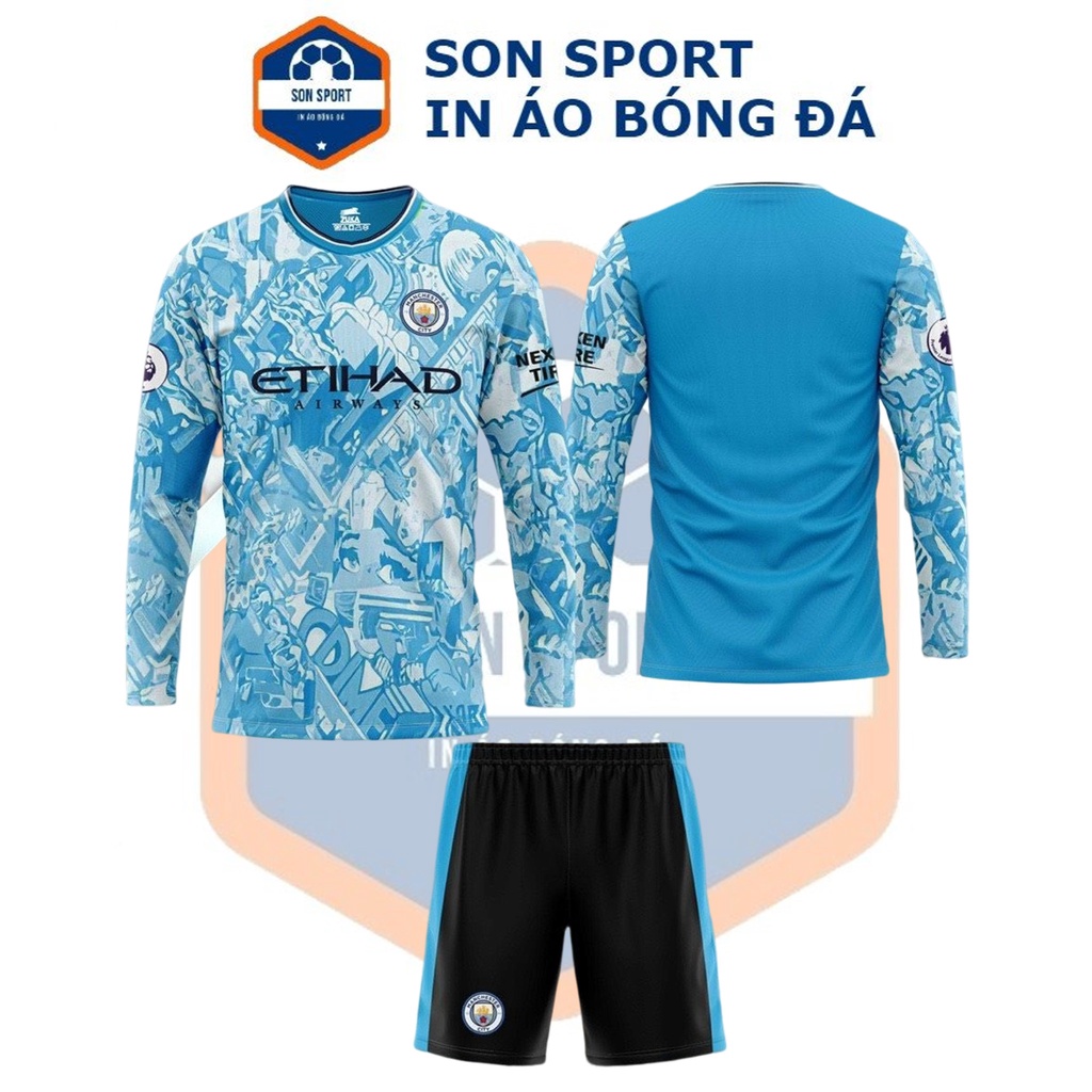 Bộ quần áo bóng đá Dài tay Thun thái CLB Manchester City xanh, trắng, đen