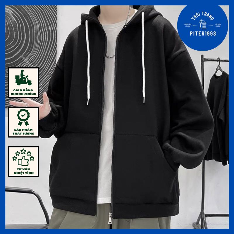 Áo khoác Hoodie unisex trơn khóa zip cao cấp có mũ form rộng 4 màu siêu hơt