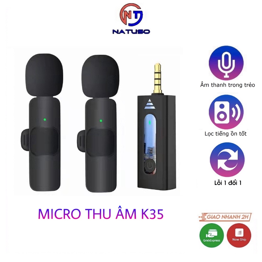Bộ 2 micro thu âm không dây K35 khử tiếng ồn để livestream livetream phát trực tiếp quay video cổng jack 3.5mm