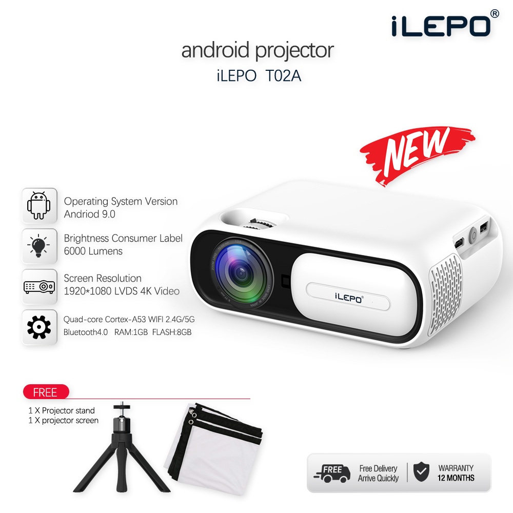 Máy chiếu mini full HD android 9.0 tại nhà độ sáng 6000 lumens kết nối wifi bluetooth bảo hành 12 tháng T02A