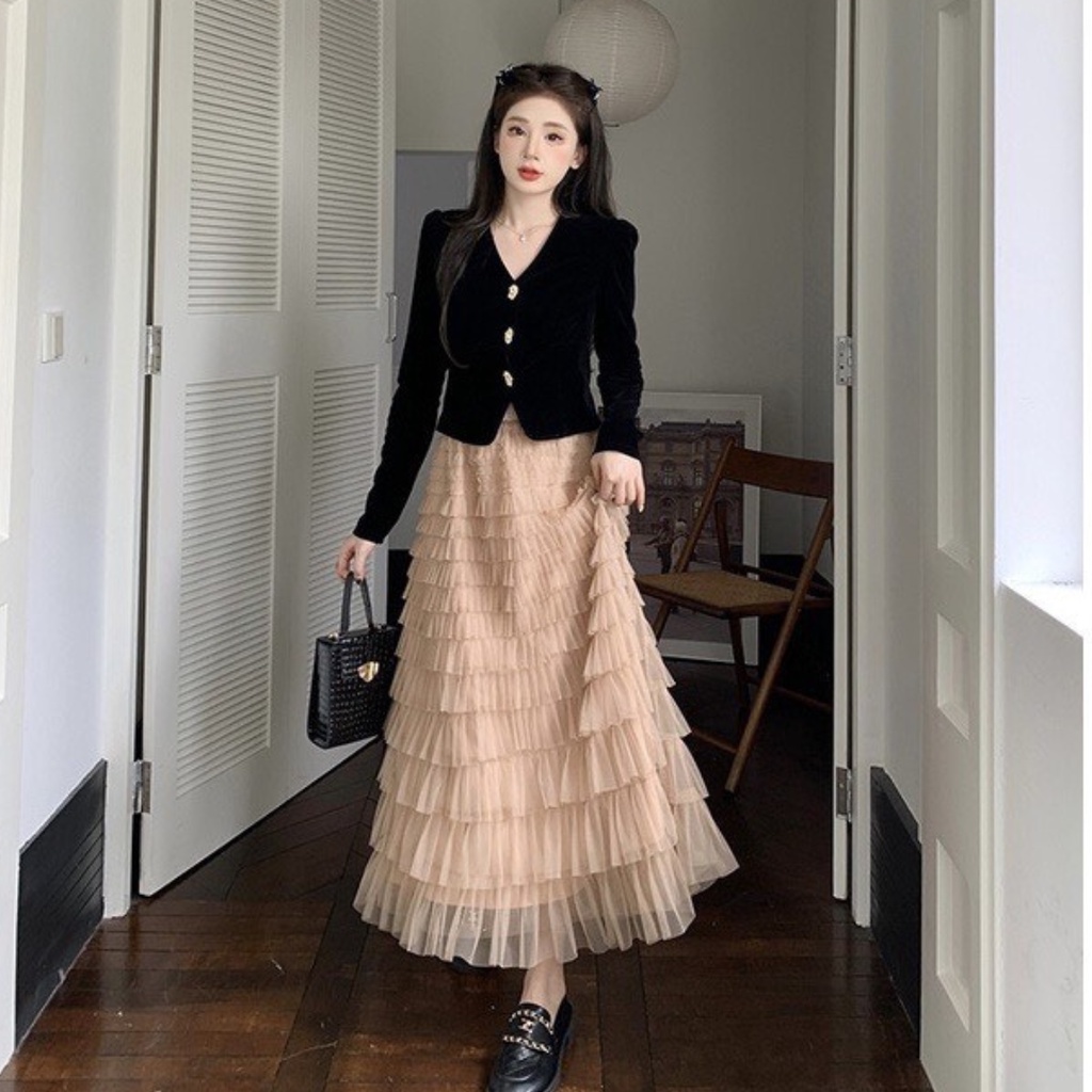 Chân váy dài hàng QCCC, chân váy ren tầng, cạp chun bọc vải dày dặn hàng loại 1