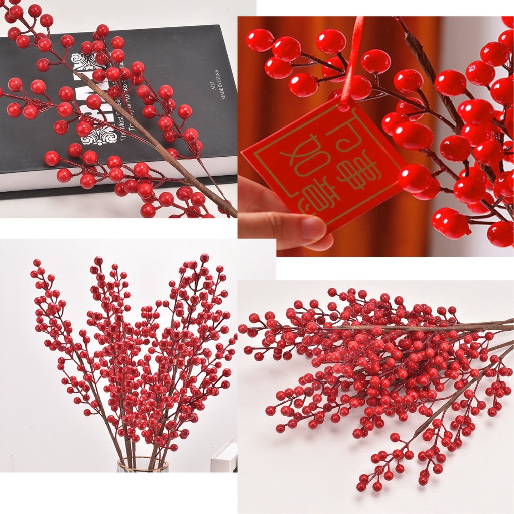 Cành Đào Đông Đỏ 12 Nhánh Cao Cấp Kèm Cành Lá Các Loại - Hoa Giả Decor Để Bàn Trang Trí Phòng Khách, Ngày Tết, Chụp Ảnh