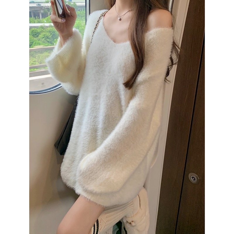 ZHELIHANGFEI Áo Khoác Len Lông Chồn Cổ Chữ V Dáng Rộng Thời Trang Mới Cho Nữ