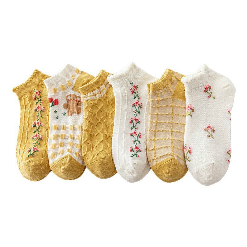 Combo 5 đôi tất họa tiết hoa màu trắng vàng tặng kèm túi zip