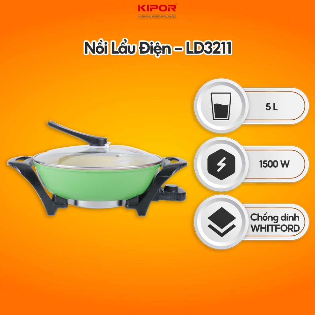 Nồi lẩu điện đa năng KIPOR KP-LD3211 - Lòng nồi chống dính WHITFORD cao cấp - Bảo hành tại nhà 12 tháng