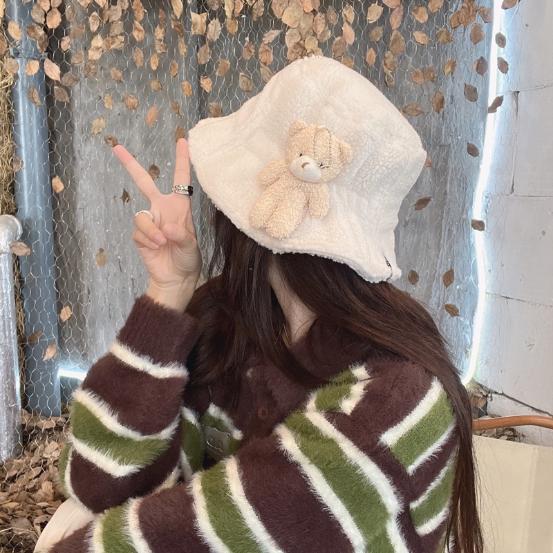 Mũ Bucket Lông Nhung Hình Gấu Dễ Thương Xinh Xắn Phong Cách Thời Trang Mùa Đông Hàn Quốc Cho Nữ