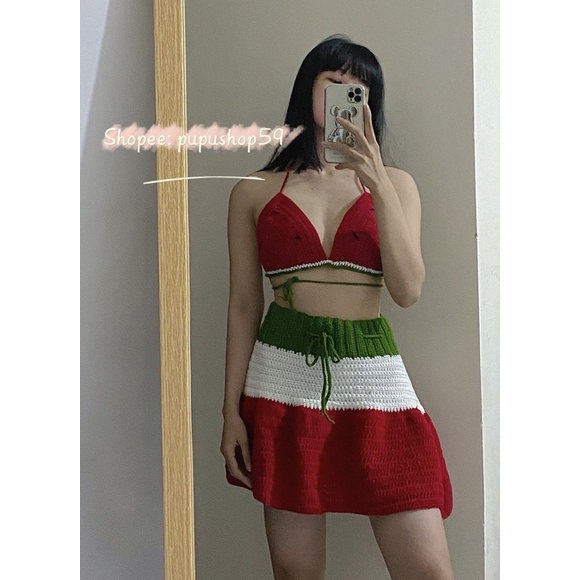Set Dưa Hấu- Áo dây và chân váy dưa hấu len móc thủ công HandMade