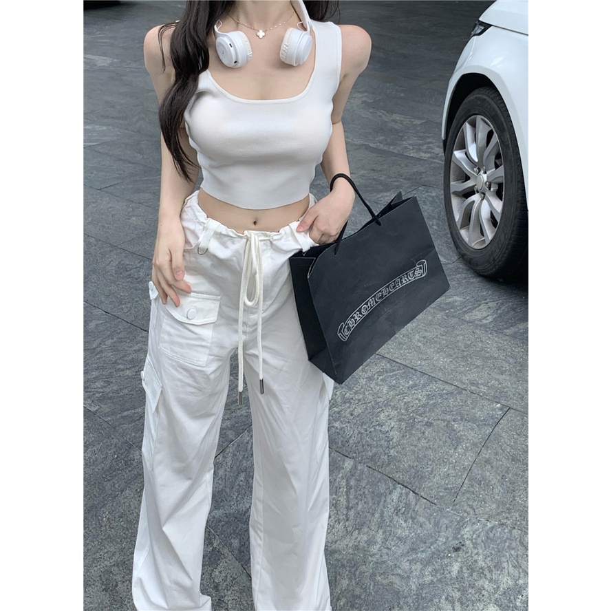 Set đồ nữ phong cách đường phố Hàn Quốc áo thun croptop không tay phối quần ống rộng hàng Quảng Châu 2022