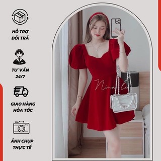 Đầm Nữ Dáng Xòe Cổ Chứ U Tay Phồng Chất Nhung ( Có Mút Ngực ) - 1056