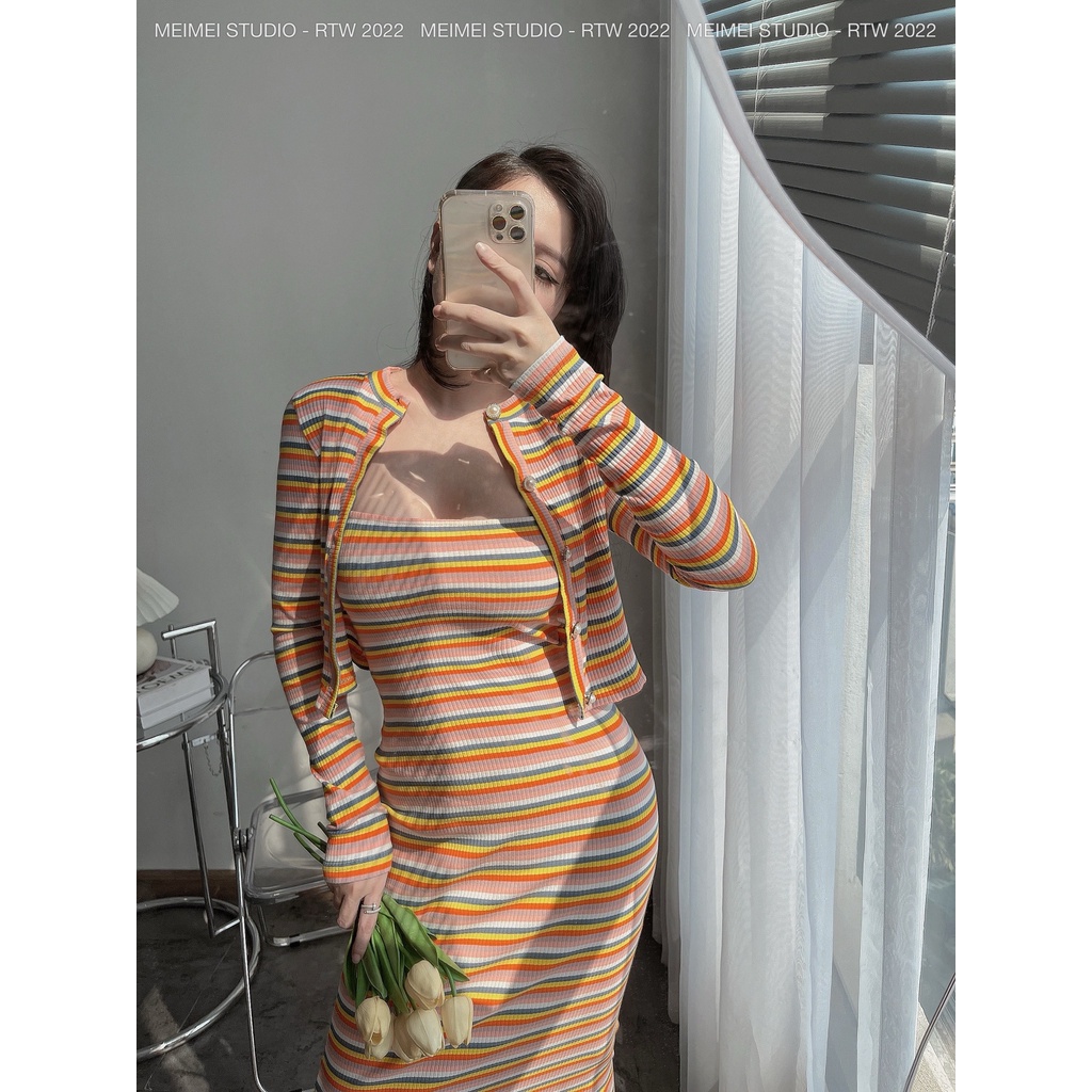 Set Colour 2 dây kẻ len tăm - Váy maxi ôm body và áo cardigan dài tay | XKSB08 | Meimei Studio