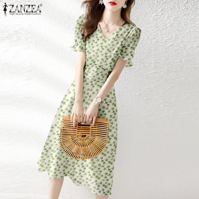 Đầm midi ZANZEA tay ngắn phồng cổ chữ V in họa tiết hoa thời trang dành cho nữ