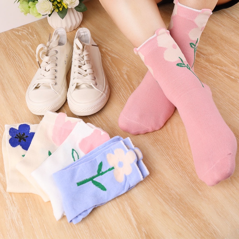 (Phong Cách Ngẫu Nhiên) Vớ Ngắn Thoáng Khí Hình Hoa Tulip Màu Kẹo Thời Trang Xuân Hè Đơn Giản Cho Nữ
