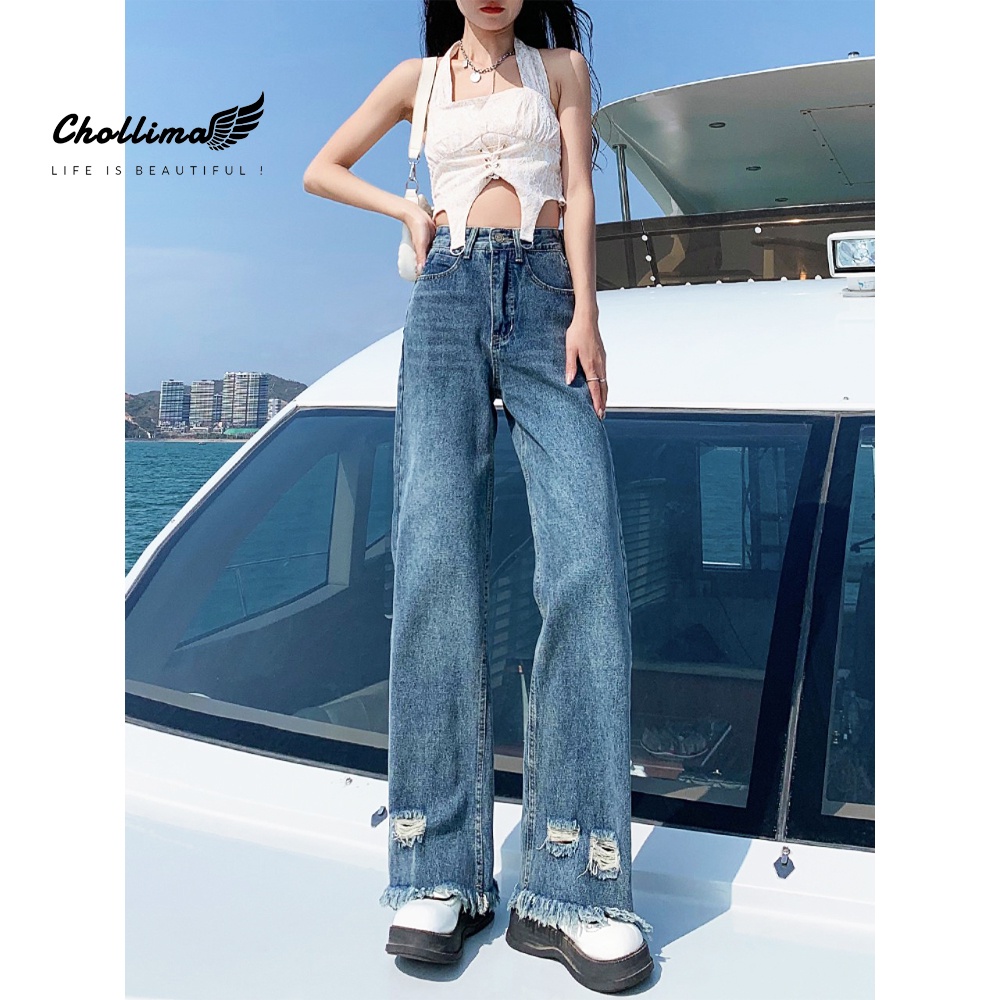 Quần baggy jeans nữ Chollima ống rộng SIMPLE JEAN tua lai rách dài 101cm QD253 phong cách ulzzang hàn quốc