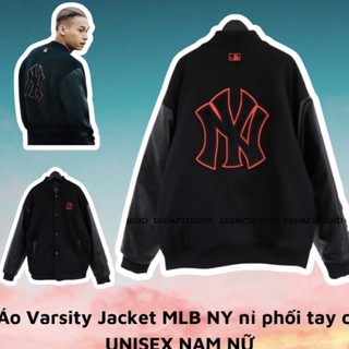 Áo Khoác Bomber MLB chứ NY thêu viền cam vải nỉ tay da phong cách Hàn Quốc