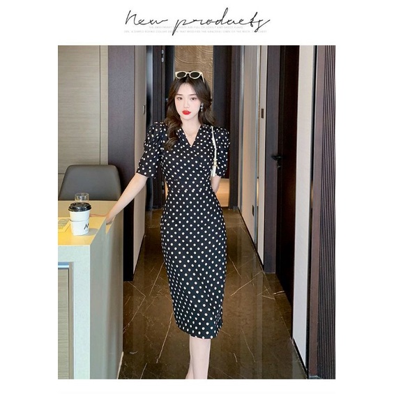 Hàng nhập - Đầm dáng ôm voan lụa chấm bi cổ V, váy body dự tiệc hay công sở đều rất xinh NN0311
