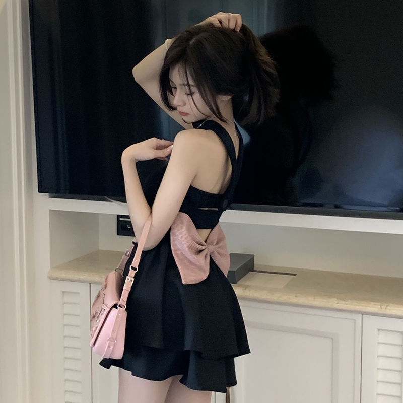 Đầm Ống Cổ Yếm Đính Nơ Màu Đen Thời Trang Mùa Hè Quyến Rũ Cho Nữ
