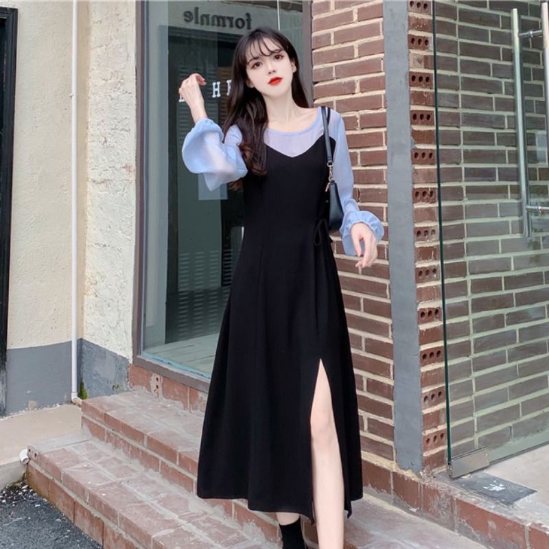 Đầm Dài Tay Giả Hai Mảnh Thiết Kế Xẻ Tà Nhẹ Nhàng Thanh Lịch Cho Nữ