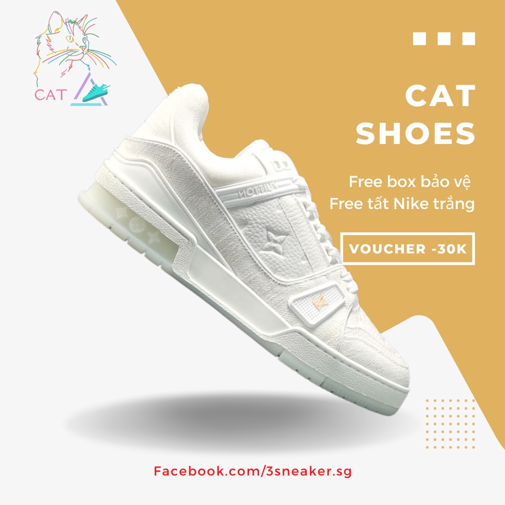 Giày Louis Vuitton Trainer White Monogram, LV Trainer Full Trắng; Full Box, Phụ Kiện, Tặng Vớ Trắng