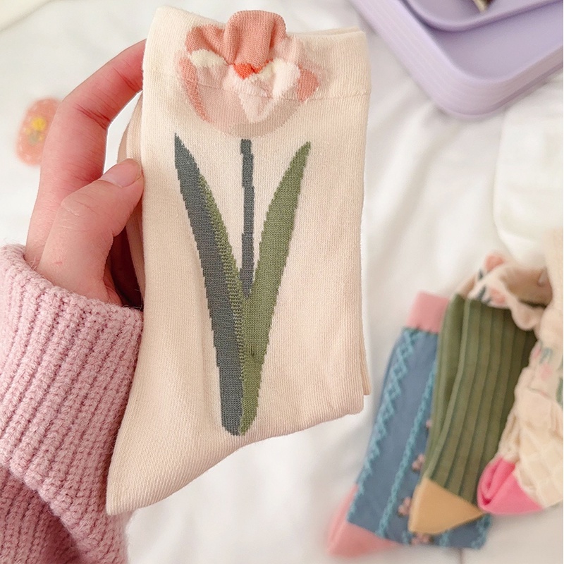Vớ Ống Thoáng Khí Họa Tiết Hoa Tulip Thời Trang Mùa Đông Cho Nữ
