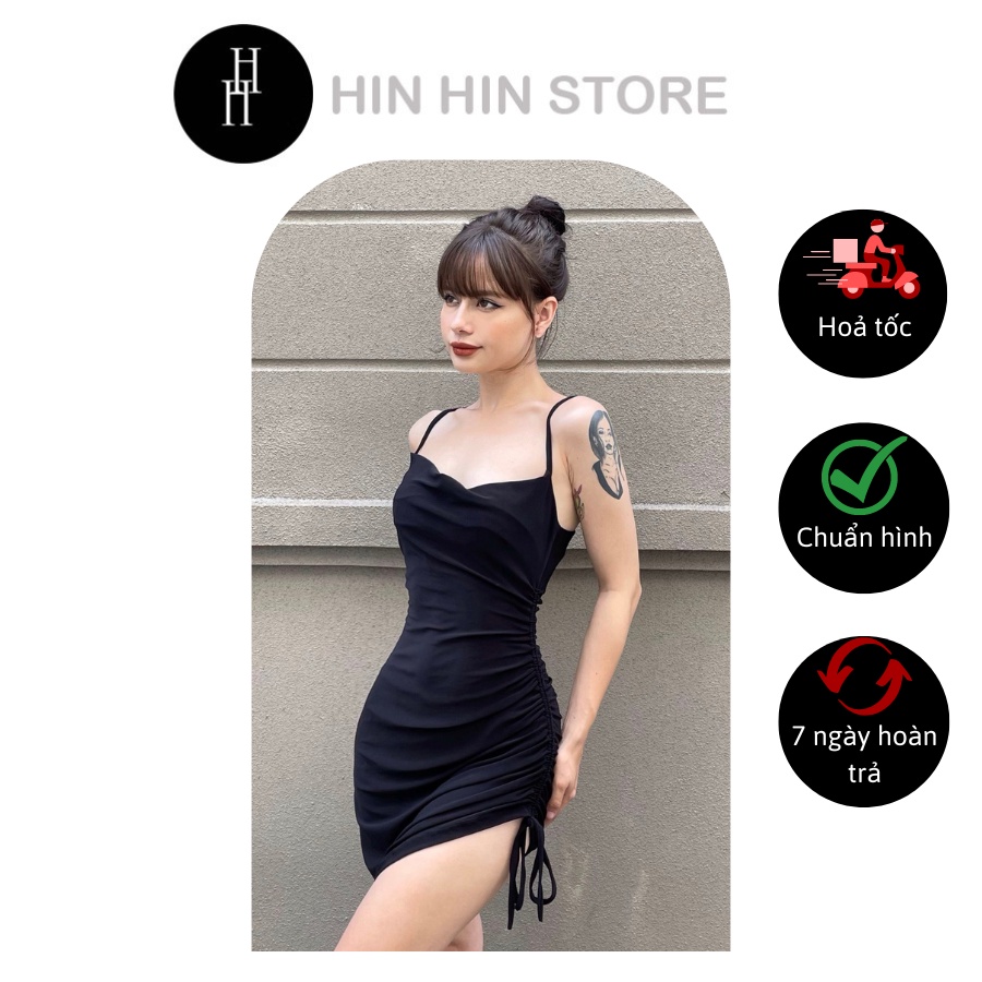 Đầm hai dây cổ đổ ôm body rút dây một bên màu đen HDT233 Hỉn Hỉn Store