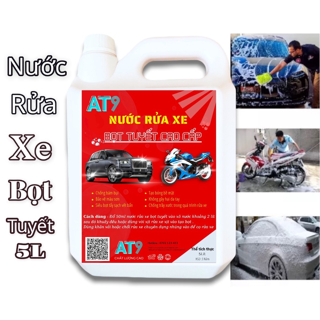 Bọt tuyết rửa xe loại CÓ CHẠM AT9 đậm đặc 5 lít dùng cho máy rửa xe với bình xịt bọt tuyết chuyên dụng xe máy, oto