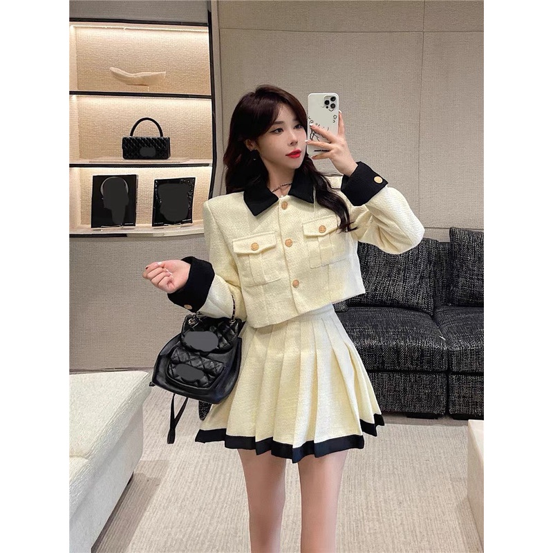 Set Dạ Áo Croptop 2 Lớp Phối Cổ Mix Chân Váy Xoè Xếp Ly Hàng Thiết Kế 2 Lớp @Tesoro clothes