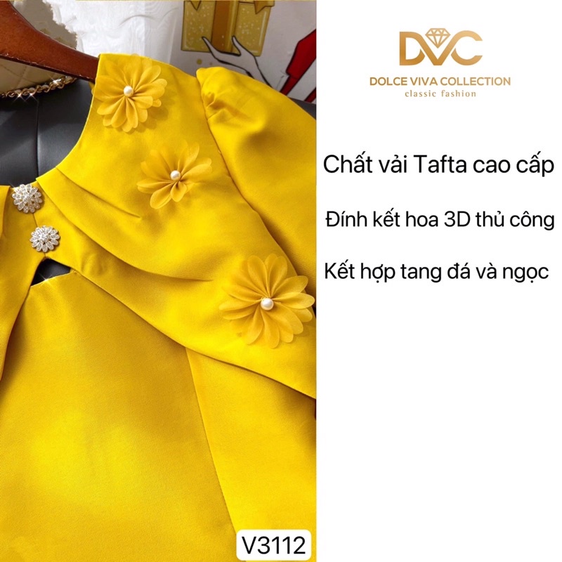 V3112 váy xoè màu vàng dính hoa