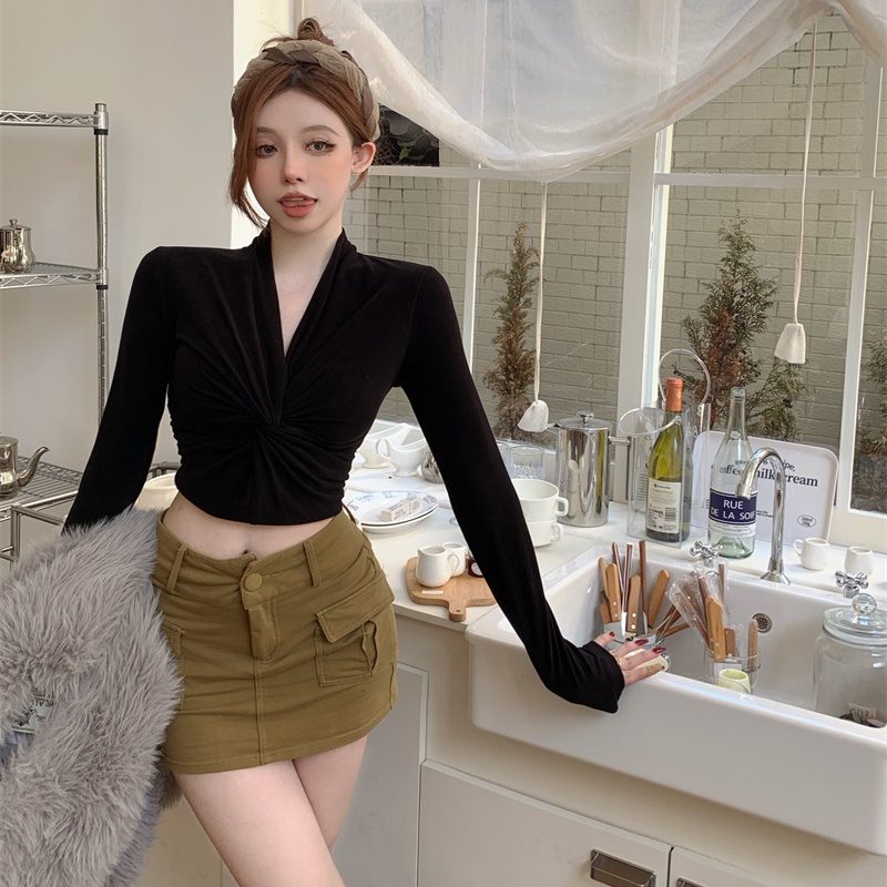 COZOK Áo Thun Tay Dài Cổ Chữ V Dáng Ôm Thời Trang Cho Nữ