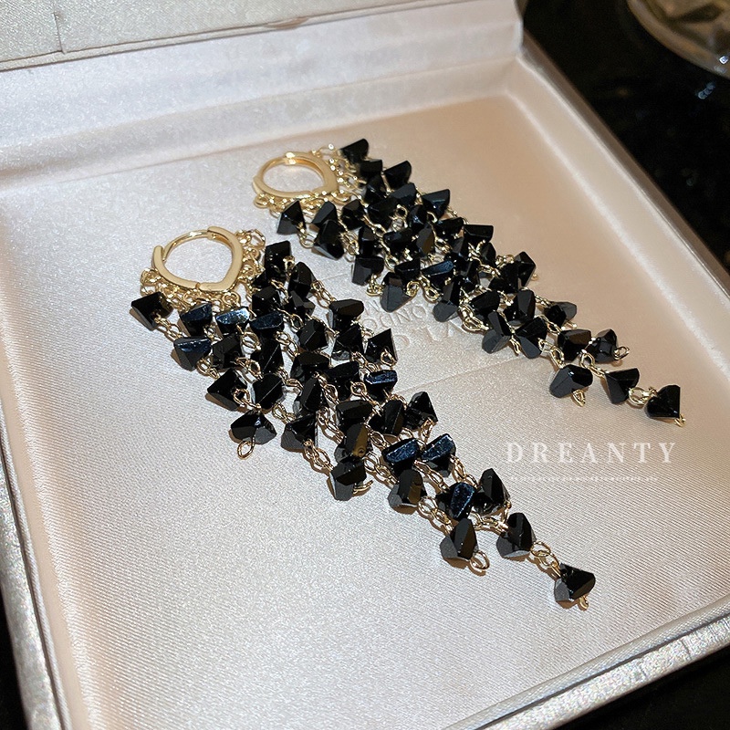 Bông Tai Hình Học Đính Pha Lê Đen Phối Tua Rua Phong Cách Âu Mỹ Sang Trọng Thời Trang