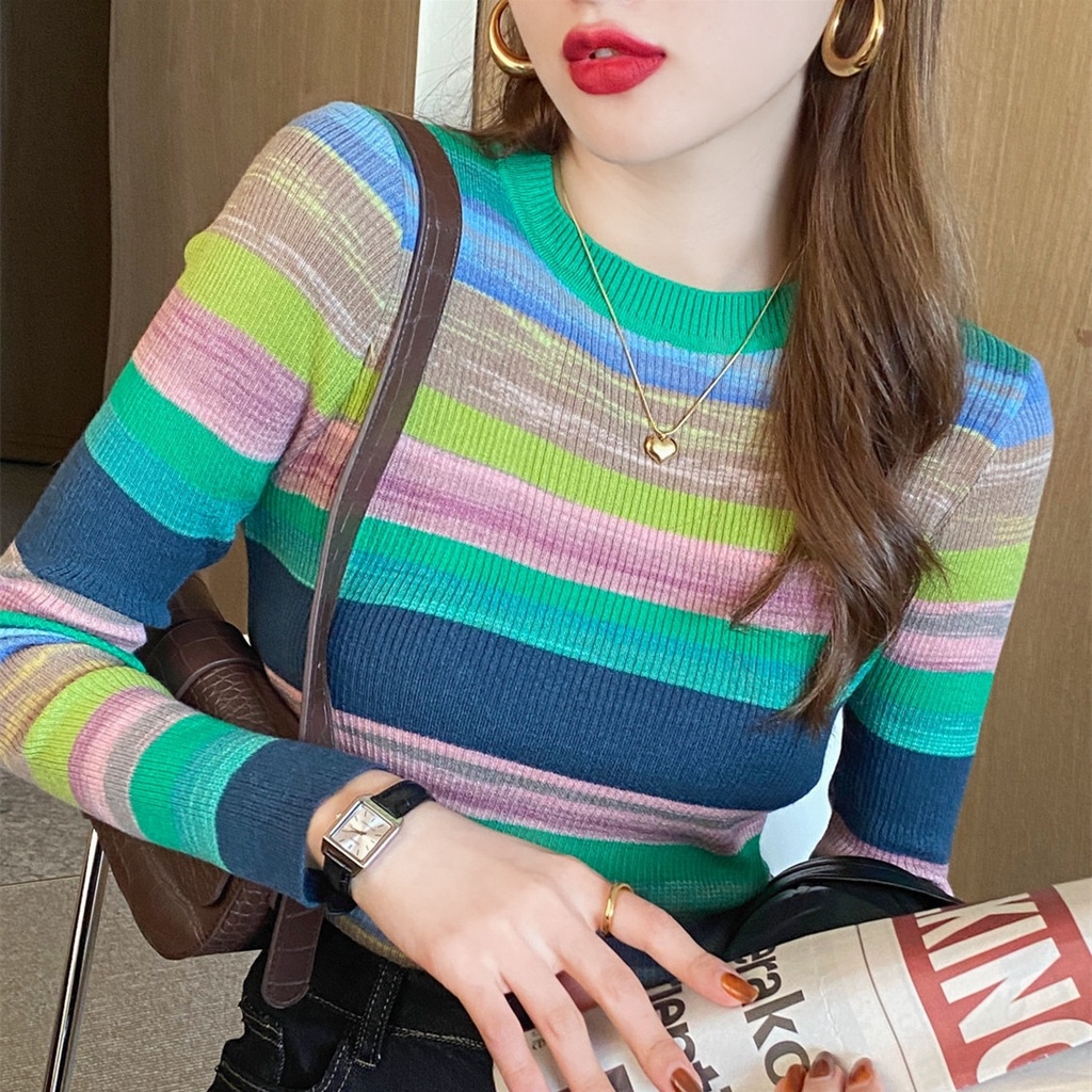 Áo Len Tay Dài Dáng Ôm Họa Tiết Kẻ Sọc Ngang Màu Cầu Vồng Phong Cách Mới Dành Cho Bạn Nữ