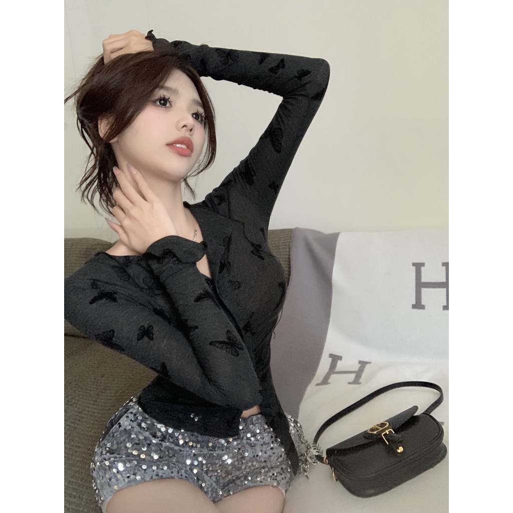 ZHELIHANGFEI Áo Cardigan Dệt Kim Tay Dài Dáng Ôm Lưng Cao In Hình Bướm Dễ Thương Cho Nữ