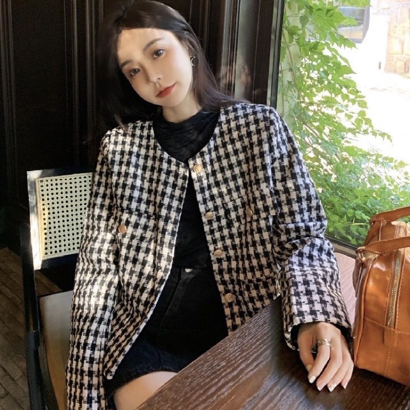 Áo dạ tweed kẻ siêu xinh, áo khoác dạ có đệm vai 2 lớp dày dặn