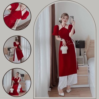 Sét áo nhung dài cách tân hiện đại kèm quần, Sét bộ đồ chơi xuân cực sang
