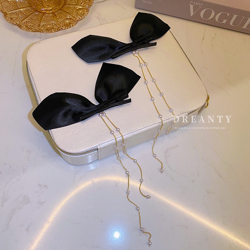 Kẹp Tóc Mỏ Vịt Đính Nơ Dài Và Ngọc Trai Bằng Vải Nỉ Đơn Giản Độc Đáo Phong Cách Hàn Quốc