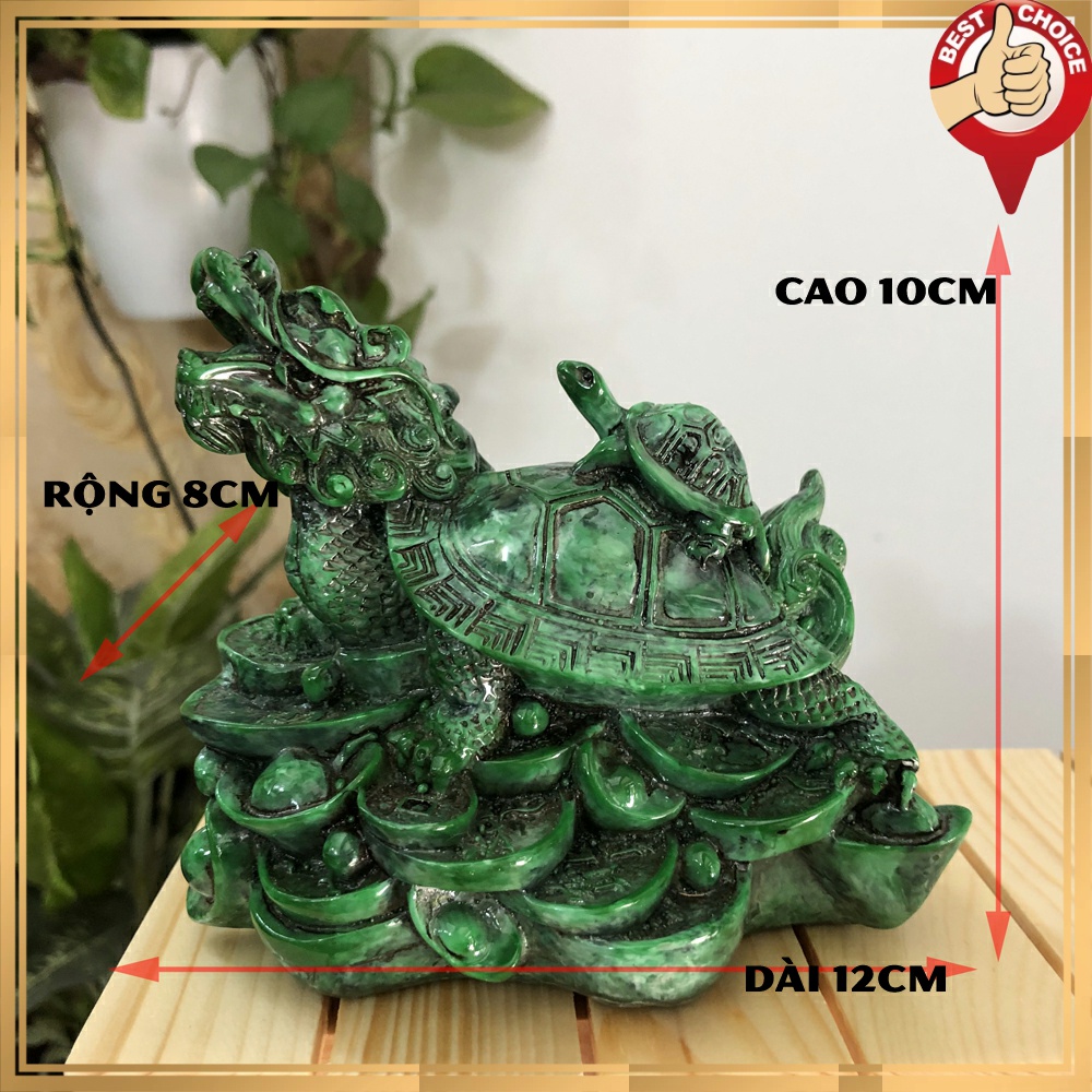 Tượng đá long quy - Rùa đầu rồng trang trí phong thủy - Long quy cõng rùa con - Cao 10cm - Màu Xanh Lục Bích