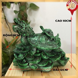 Tượng đá long quy - Rùa đầu rồng trang trí phong thủy - Long quy cõng rùa con - Cao 10cm - Màu Xanh Lục Bích