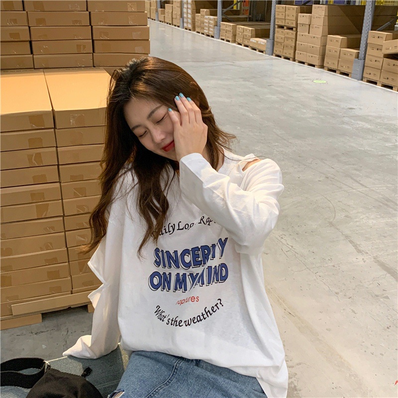 IELGY Áo Thun Nữ Dài Tay In Chữ Khoét Lỗ Thời Trang