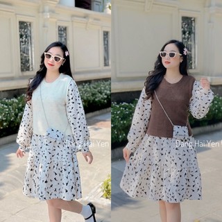 Set váy hoa Babi nhí đũi kèm áo gile len tặng kèm túi xách tiểu thư