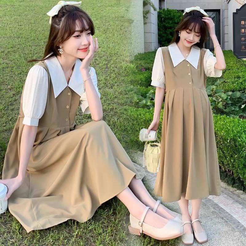 Váy bầu công sở phối xổ sơ mi tay trắng phù hợp với đi làm cũng như đi chơi