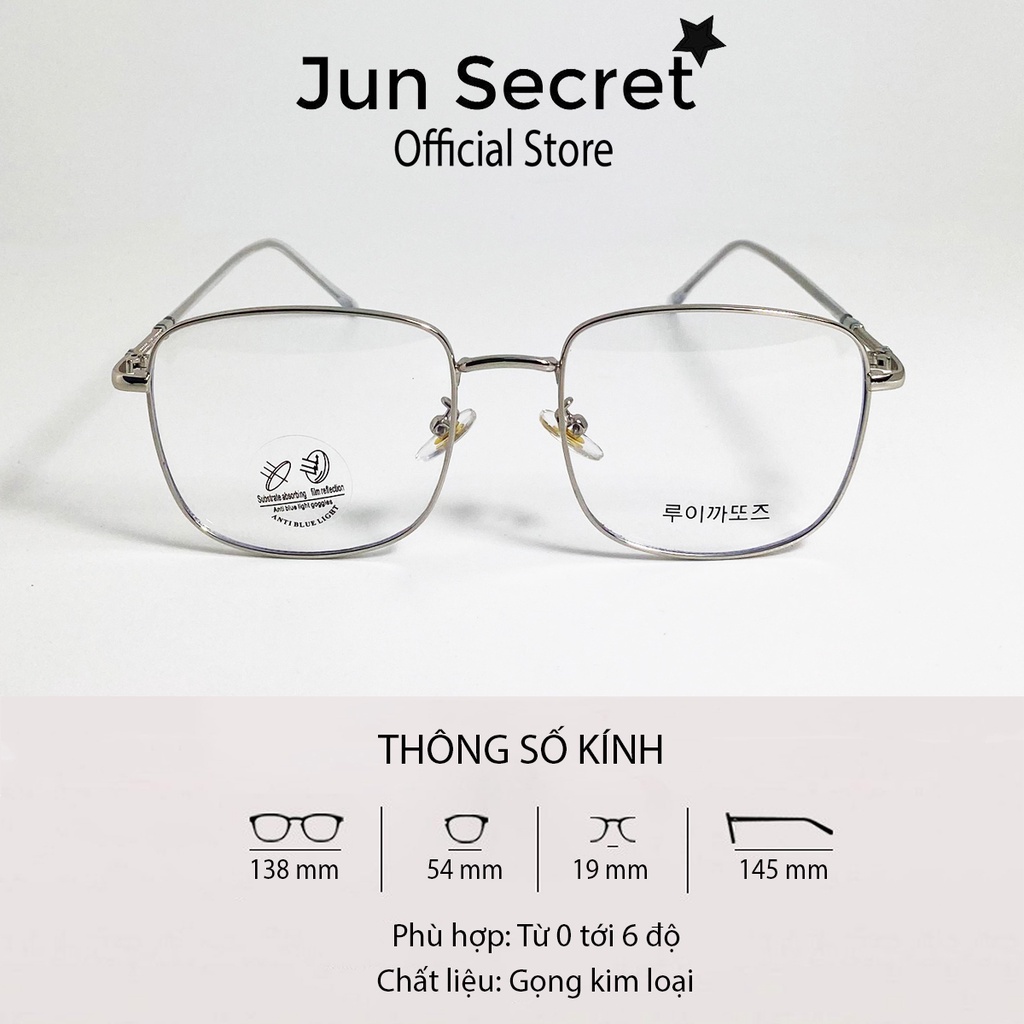 Kính giả cận nam nữ Jun Secret gọng kim loại, tròng kính vuông kiểu dáng sang trọng chống tia UV cho mắt JS72502