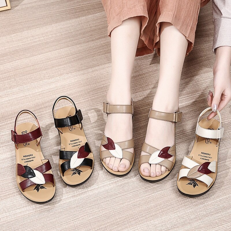 【Quần áo SF】Giày Sandal Đế Mềm Bằng Da Bò Chống Trượt Dành Cho Phụ Nữ Trung Niên