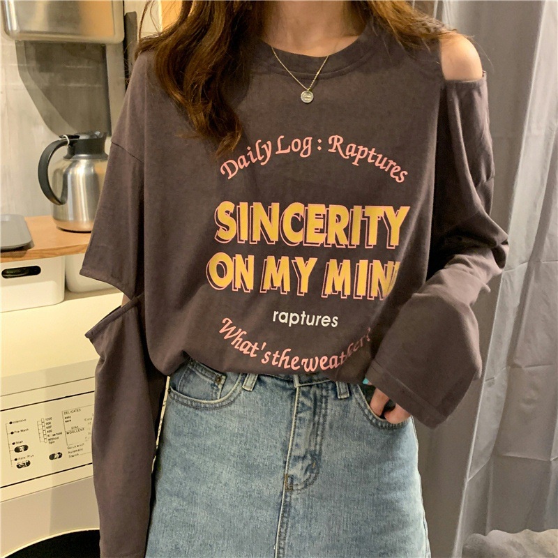 IELGY Áo Thun Nữ Dài Tay In Chữ Khoét Lỗ Thời Trang