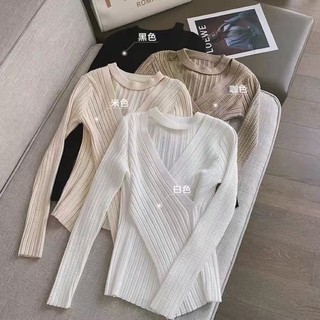 Áo thun gân len cổ V, chocker, áo len dệt kim vạt chéo mix dây cổ