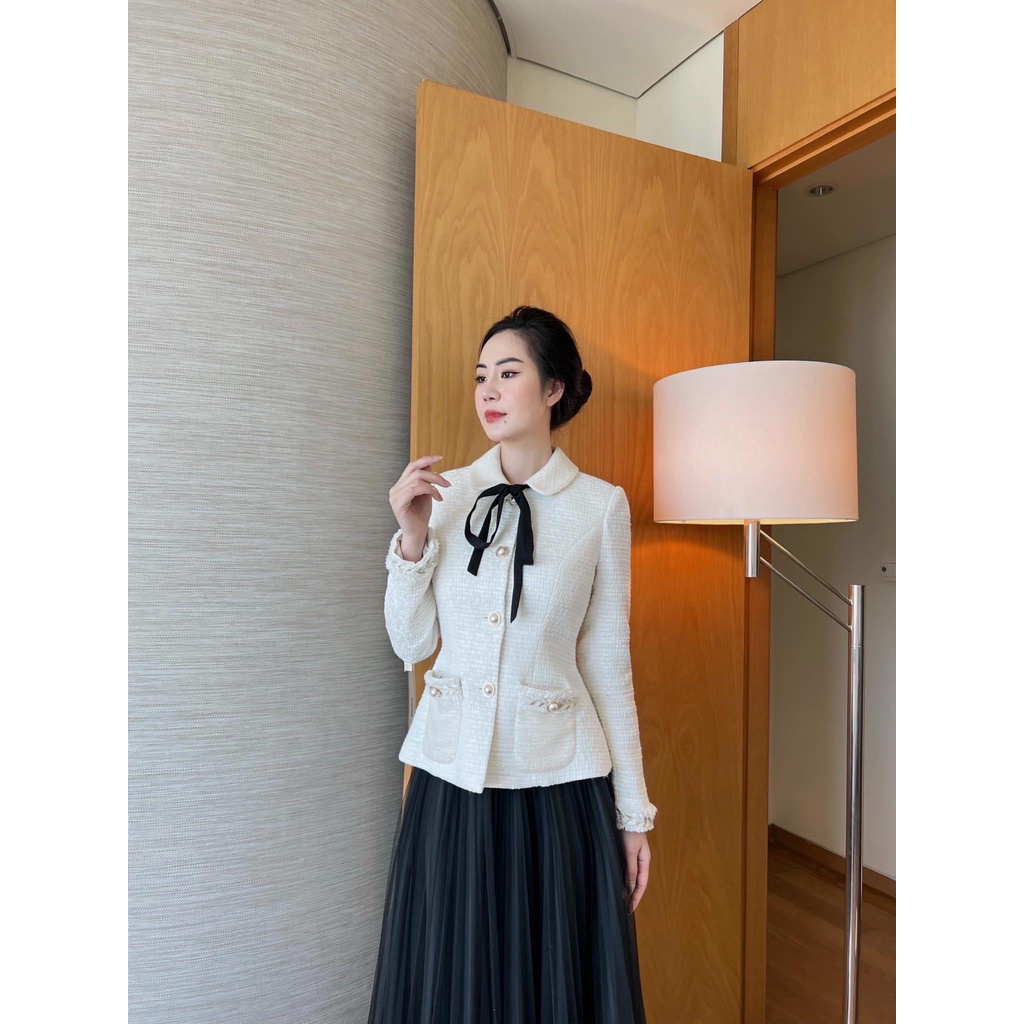 Áo dạ tweed ALENA Fashion áo khoác mùa đông nơ cổ phối chân váy xoè dáng dài tiểu thư đen phong cách Hàn Quốc trẻ trung