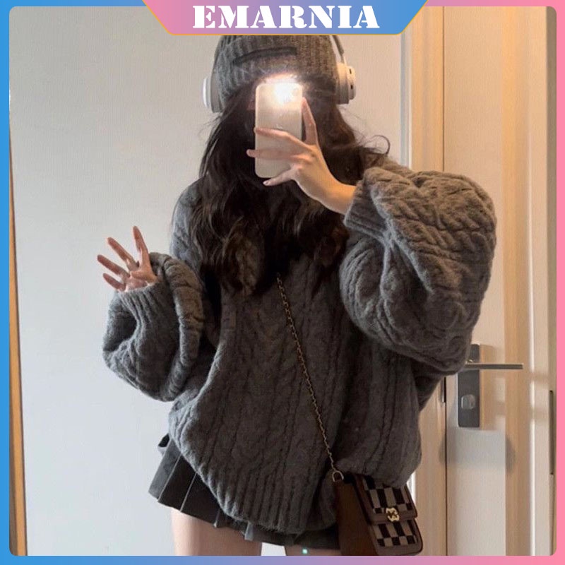 ❤️Cô Gái Béo Emarnia Đào Béo❤️Áo Sweater Dáng Rộng Cỡ Lớn Dày Dặn Màu Xám Xoắn Kiểu Retro Thời Trang Cho Học Sinh Nữ